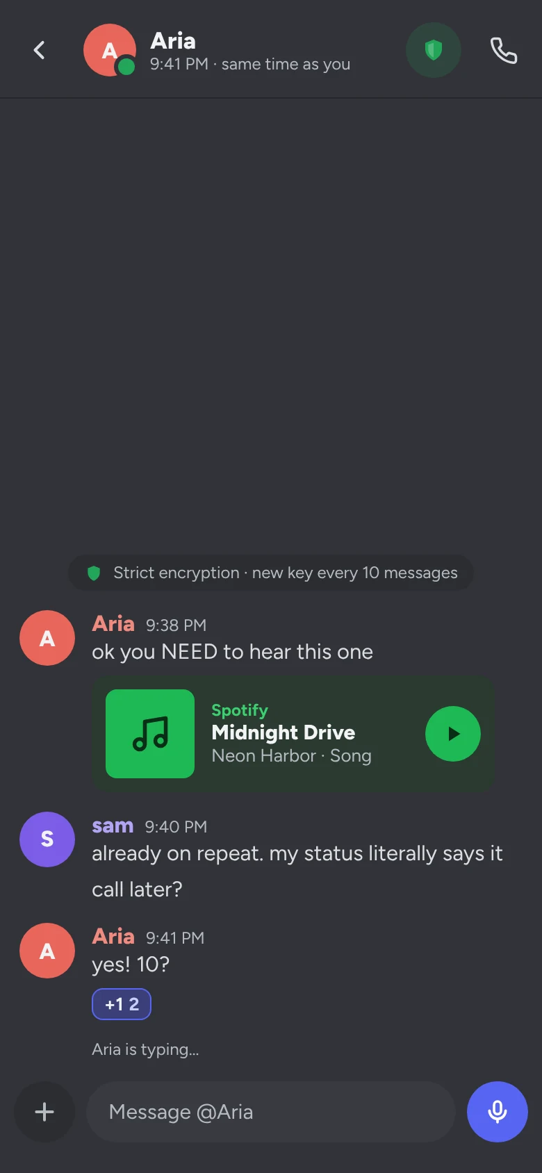 A chat with a music card and the strict encryption shield