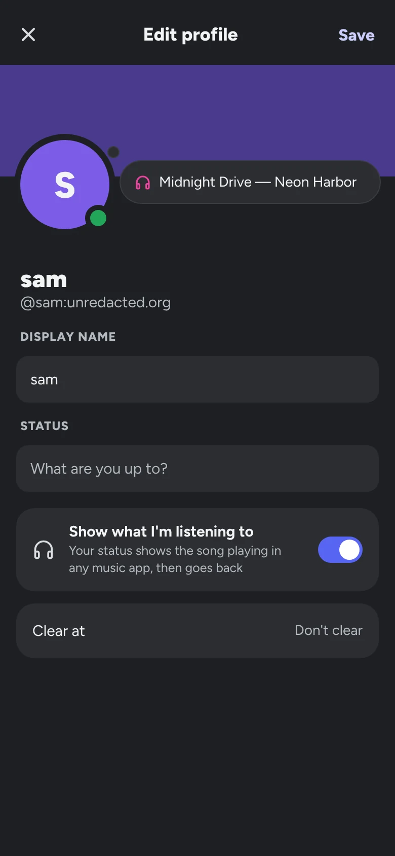 Edit profile with a listening-to status